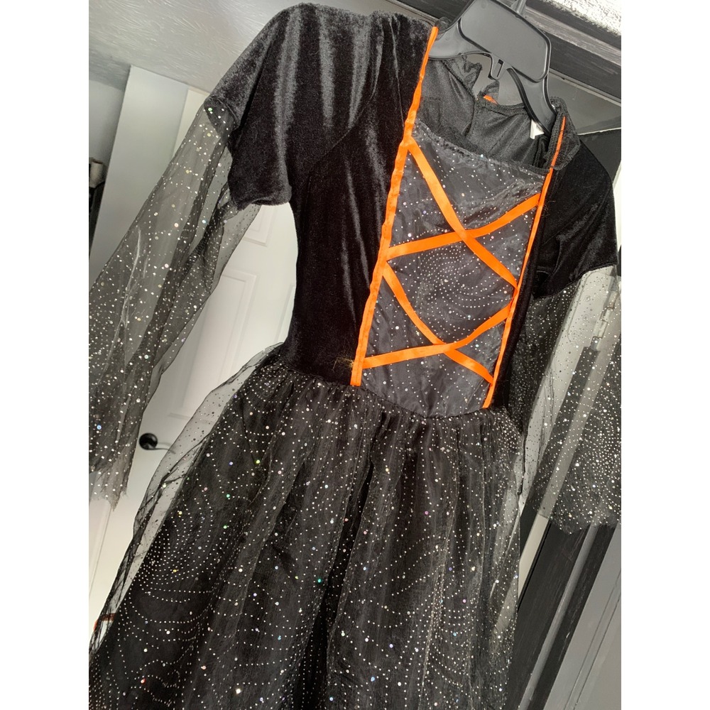 Dress Up America Girls Witch Costume Black Orange Glitter Spiderweb Size L 12-14